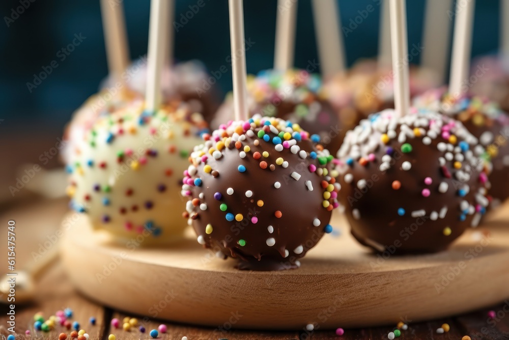 delicious cake pops decorated with frosting chocolate and sprinkles