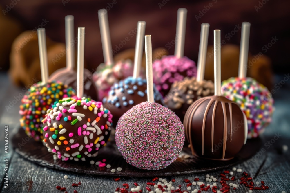 delicious cake pops decorated with frosting chocolate and sprinkles