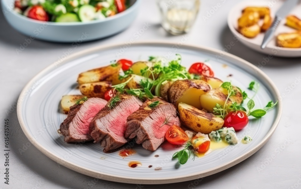 Delicious appetizer, tapas, lunch plate - beef steak, vegetables salad