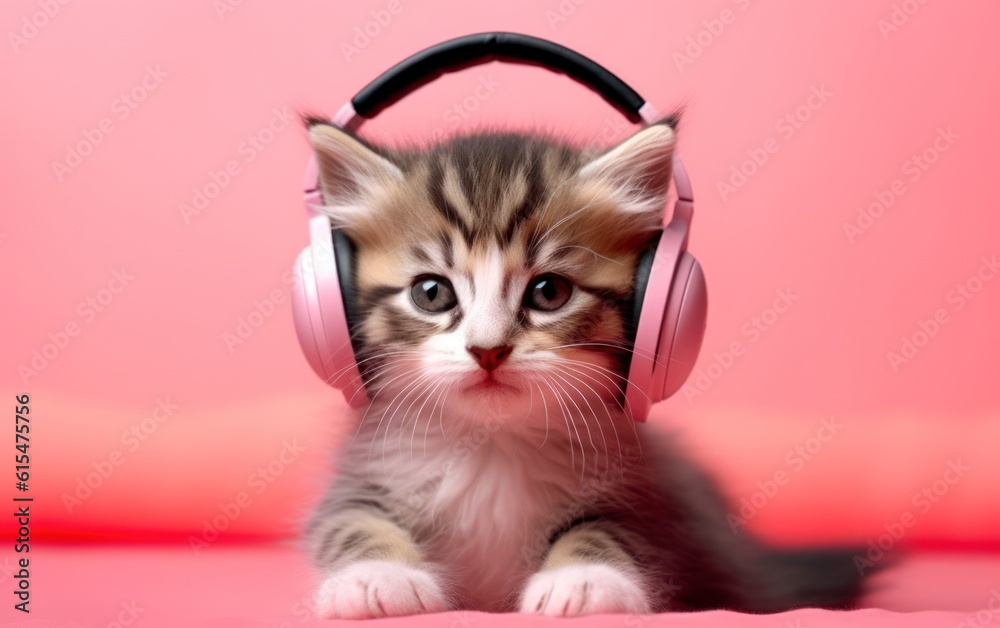 Cute kitten wearing trendy headphones listening to music. Fashion pink background