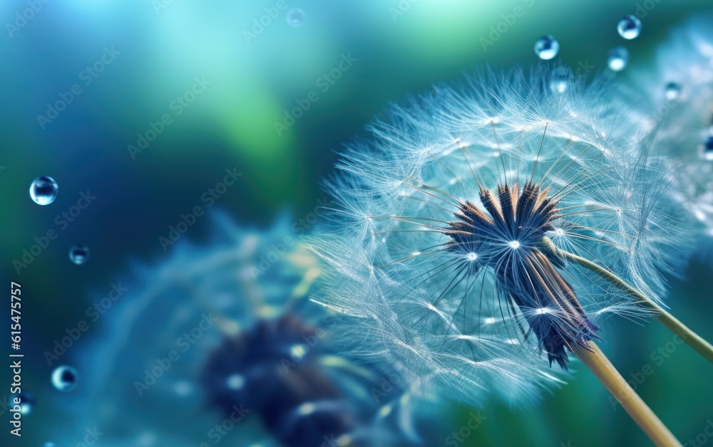 Dandelion Seeds in droplets of water on blue and turquoise beautiful background