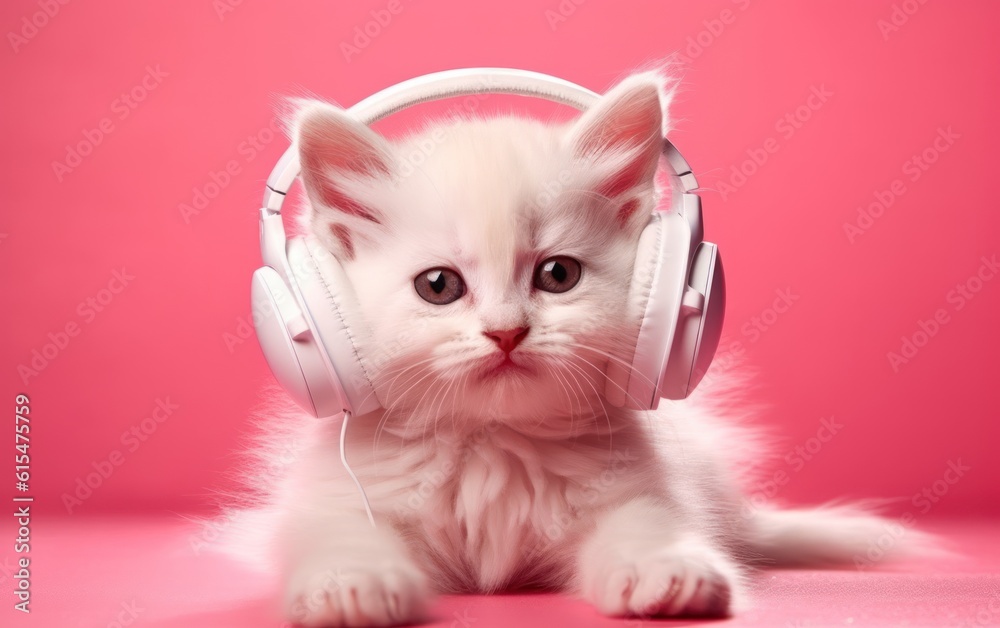 Cute kitten wearing trendy headphones listening to music. Fashion pink background