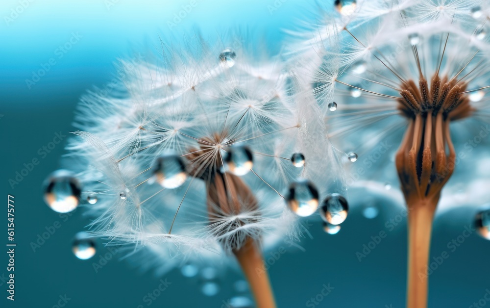 Dandelion Seeds in droplets of water on blue and turquoise beautiful background