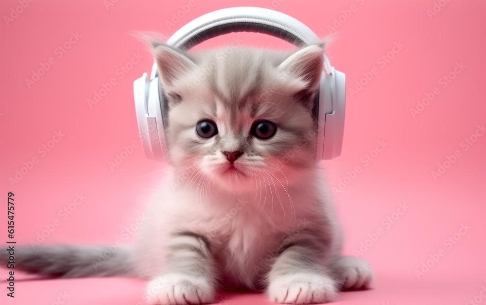 Cute kitten wearing trendy headphones listening to music. Fashion pink background