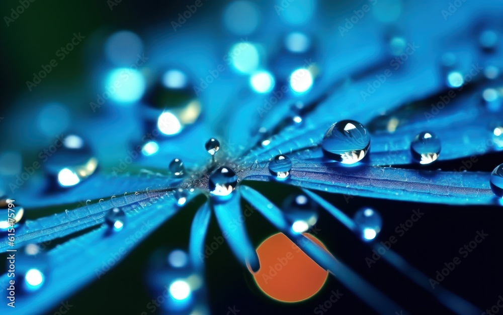 Dandelion Seeds in droplets of water on blue and turquoise beautiful background