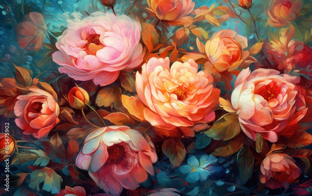 Colorful peony and roses flowers. Floral background