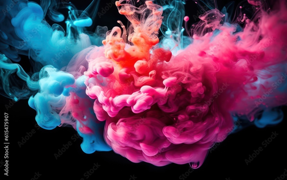 Color smoke. Ink water. Paint drop. Fantasy underwater burst. Blue pink contrast fluid splash cloud