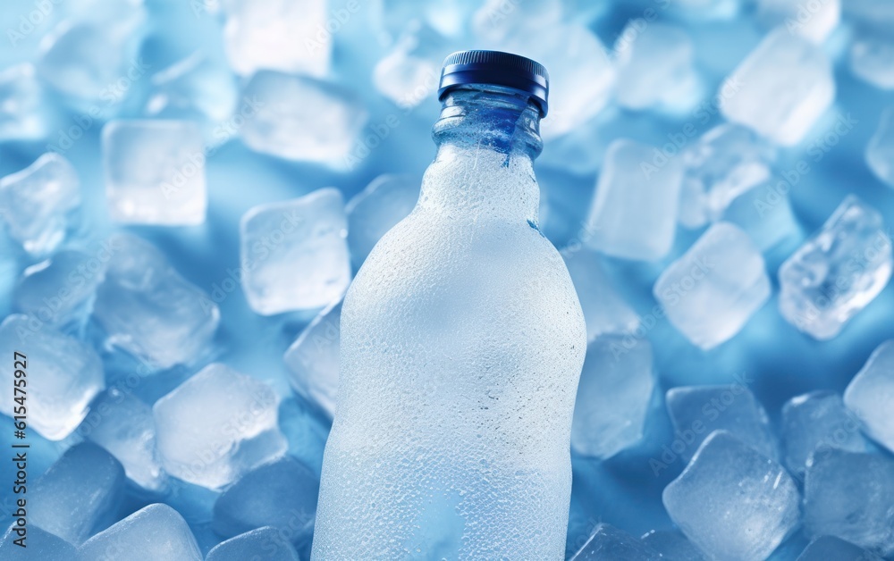 Cold bottle of water over ice cubes. Food and drink background.