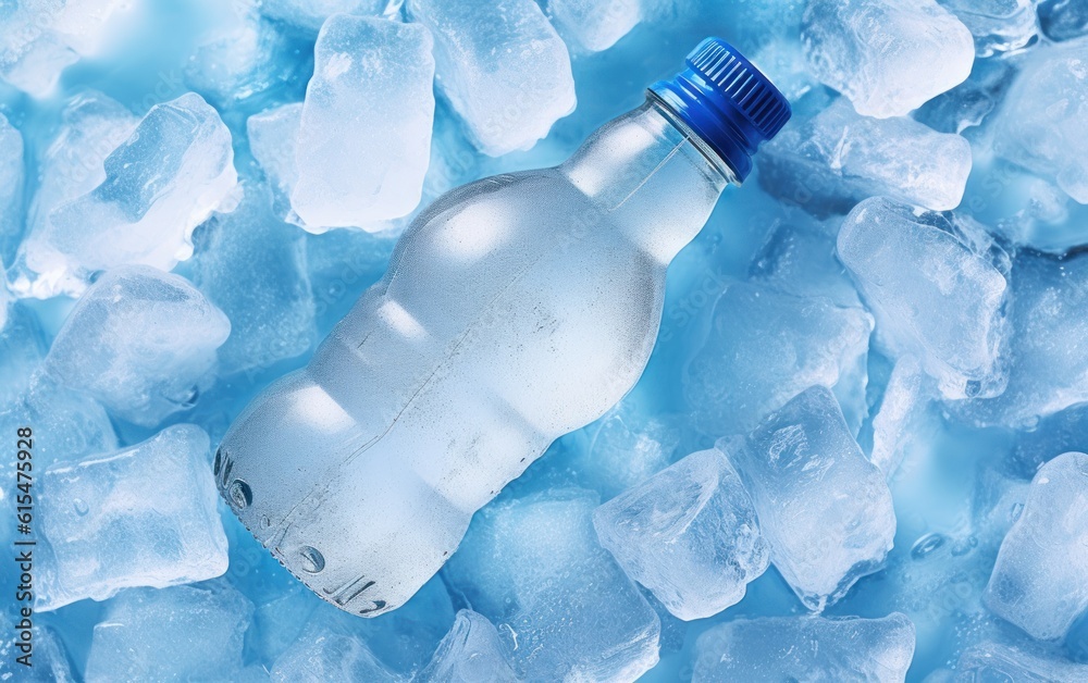 Cold bottle of water over ice cubes. Food and drink background.