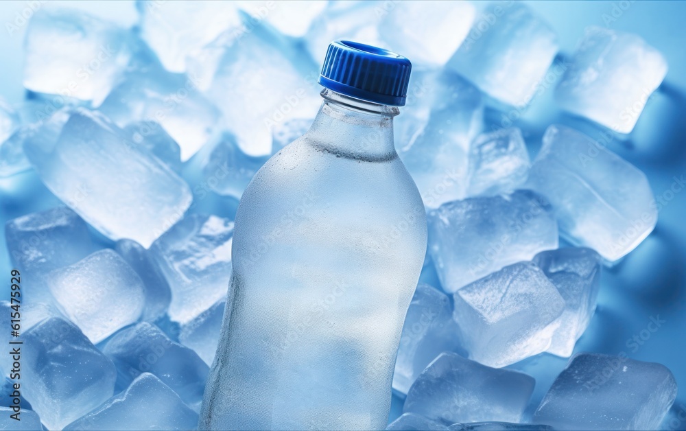 Cold bottle of water over ice cubes. Food and drink background.