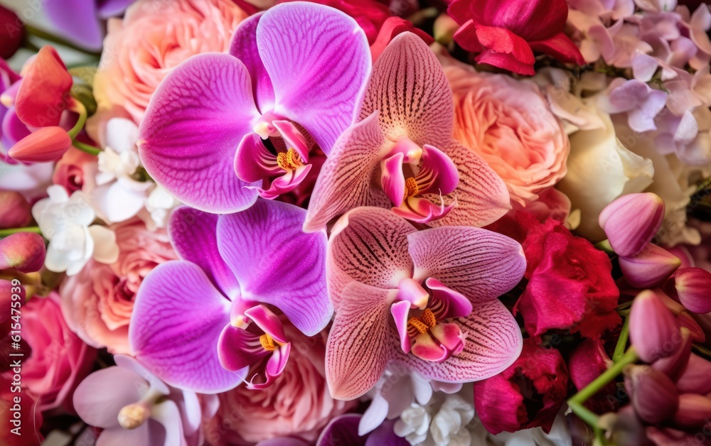 Bright pink flowers bouquet closeup. Roses and orchids wallpaper