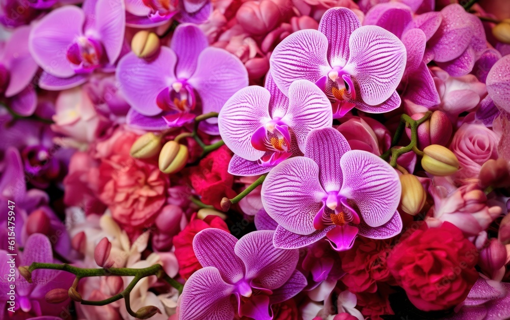 Bright pink flowers bouquet closeup. Roses and orchids wallpaper