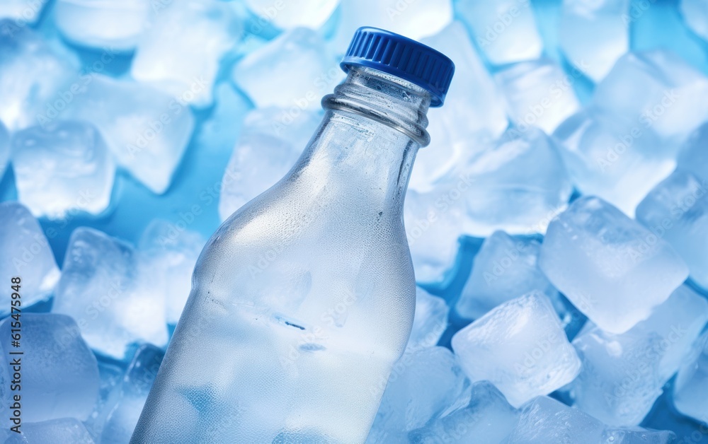 Cold bottle of water over ice cubes. Food and drink background.