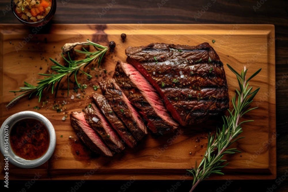 barbecue bavette steak with salt and pepper served as top view