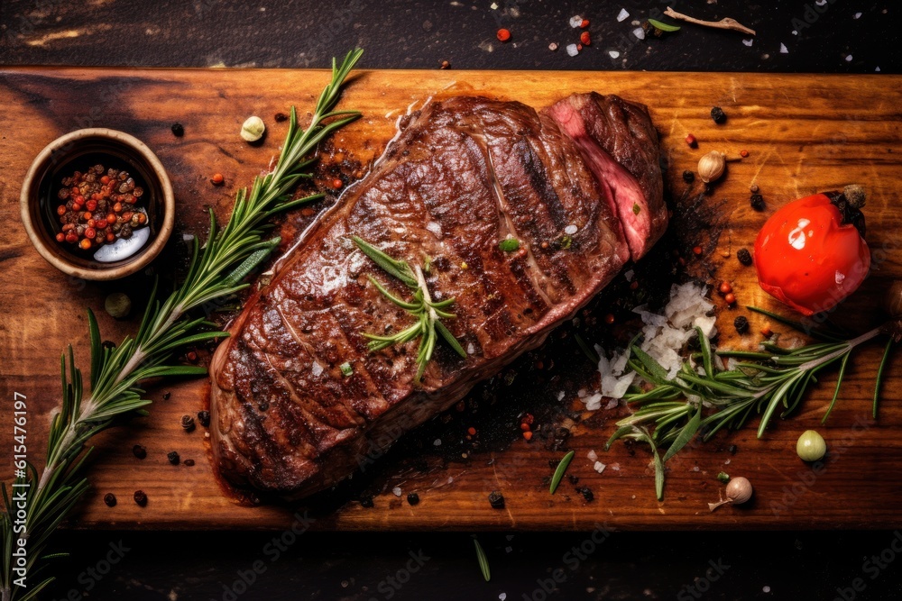 barbecue bavette steak with salt and pepper served as top view