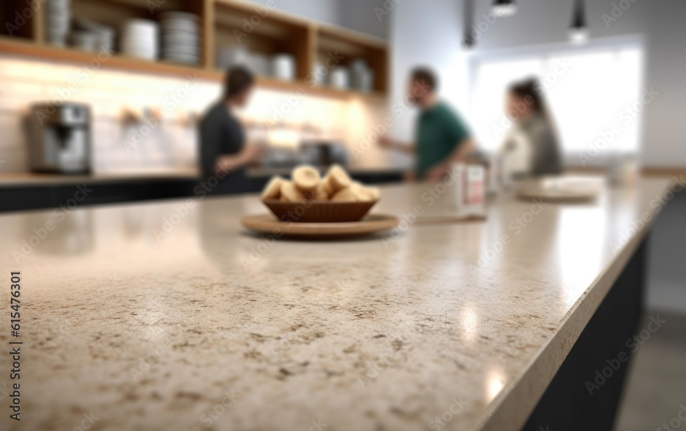 An empty kitchen counter worktop for product display. blurred people in the background