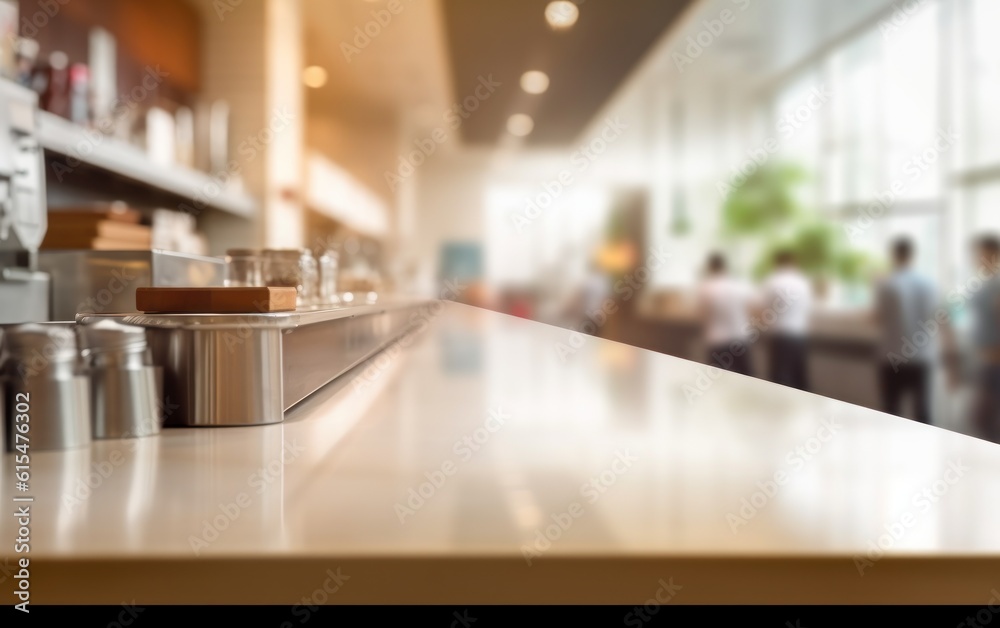 An empty kitchen counter worktop for product display. blurred people in the background