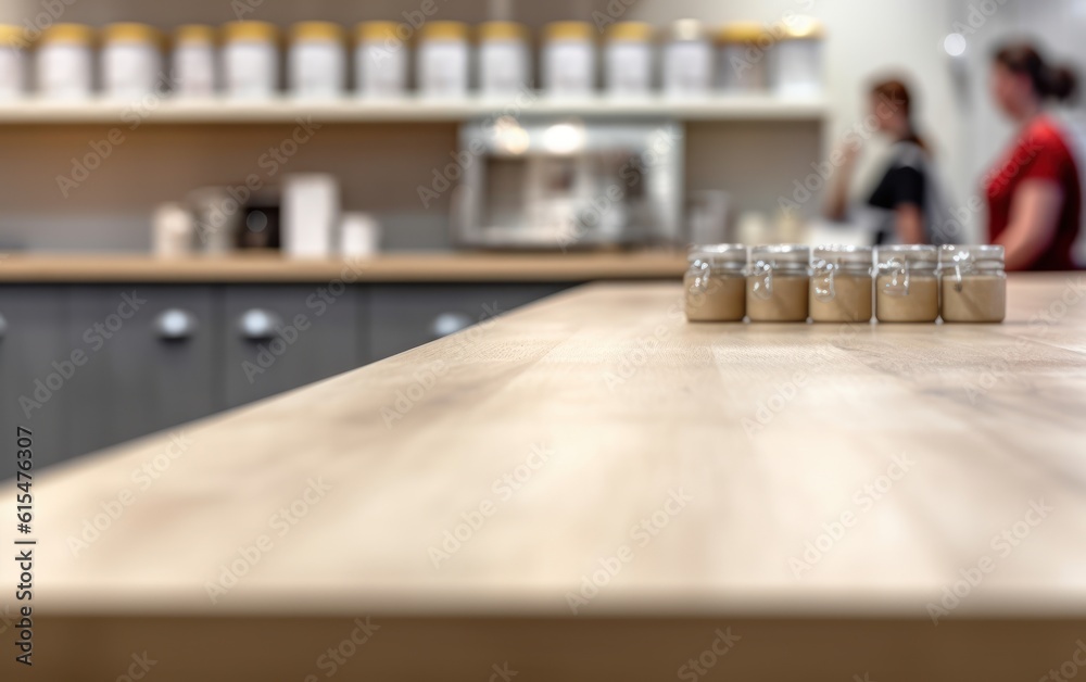 An empty kitchen counter worktop for product display. blurred people in the background