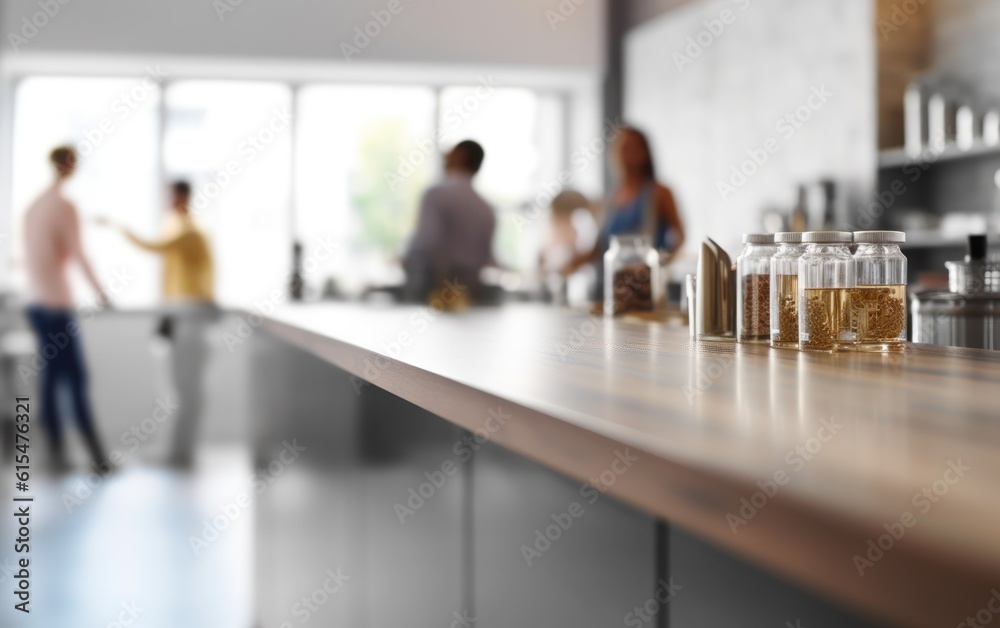 An empty kitchen counter worktop for product display. blurred people in the background