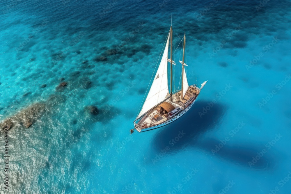 Aerial view of a luxury sailing boat in clear tropical blue water