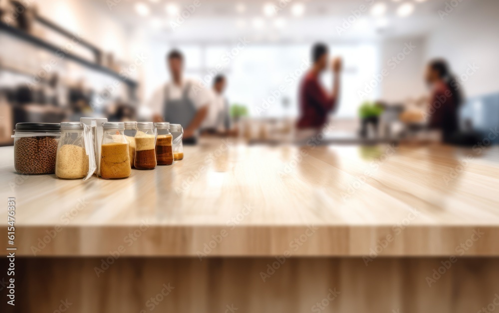 An empty kitchen counter worktop for product display. blurred people in the background