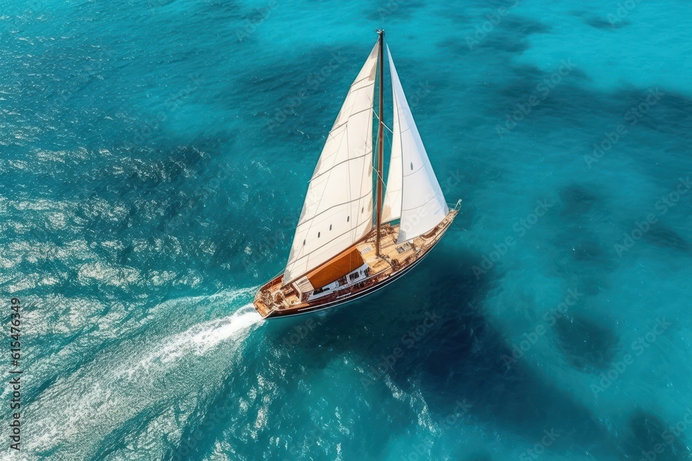 Aerial view of a luxury sailing boat in clear tropical blue water