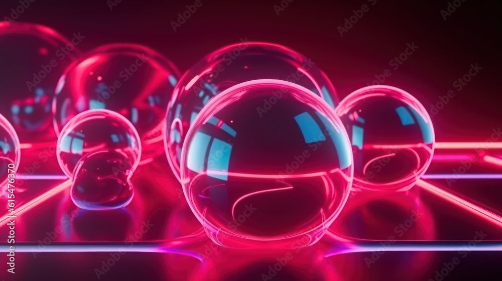 abstract neon background with glass balls and laser rays, glowing infrared light