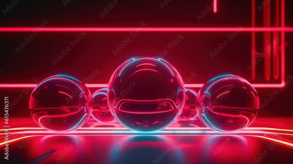 abstract neon background with glass balls and laser rays, glowing infrared light