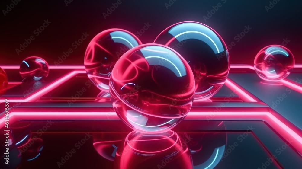 abstract neon background with glass balls and laser rays, glowing infrared light