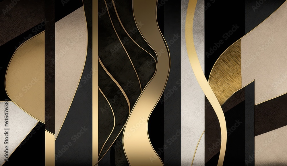 Abstract modern minimalism wallpaper golden, black, beige, black, and shapes with black lines