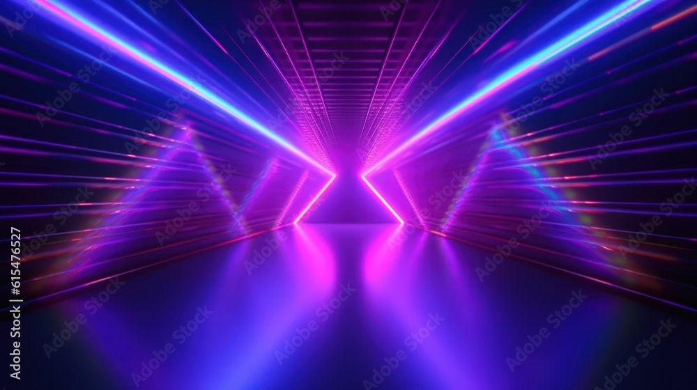 abstract colorful neon background, triangular tunnel illuminated with ultraviolet light