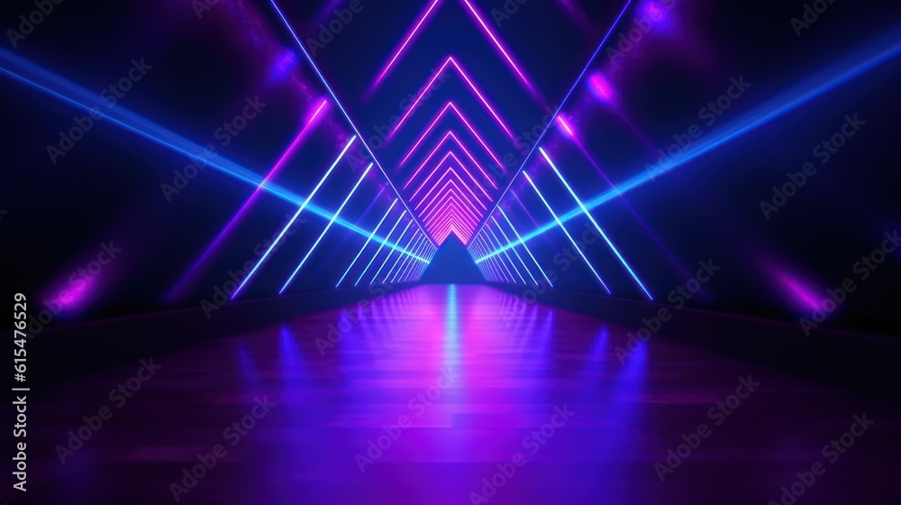 abstract colorful neon background, triangular tunnel illuminated with ultraviolet light