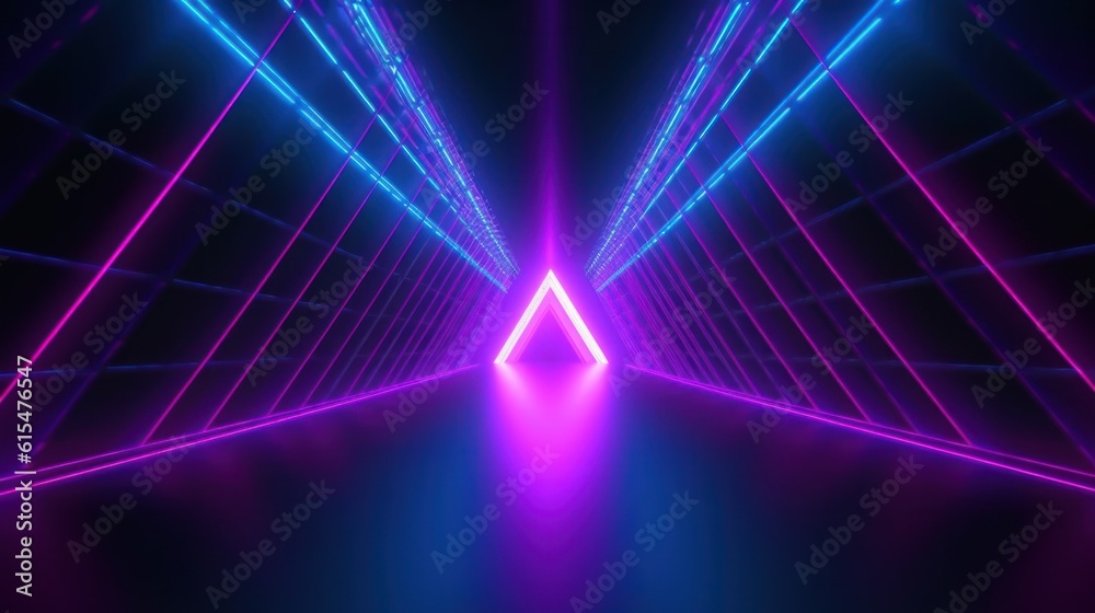 abstract colorful neon background, triangular tunnel illuminated with ultraviolet light