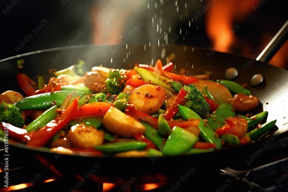 A wok cooking fresh stir fry vegetables