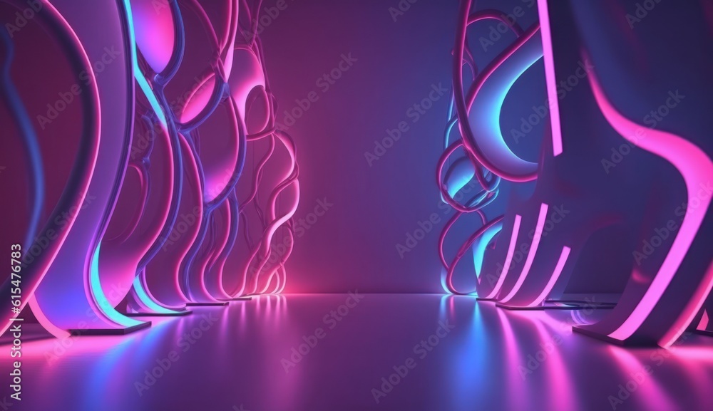 abstract pink blue neon background, unfocused curvy glowing lines and bokeh lights, ultraviolet wall