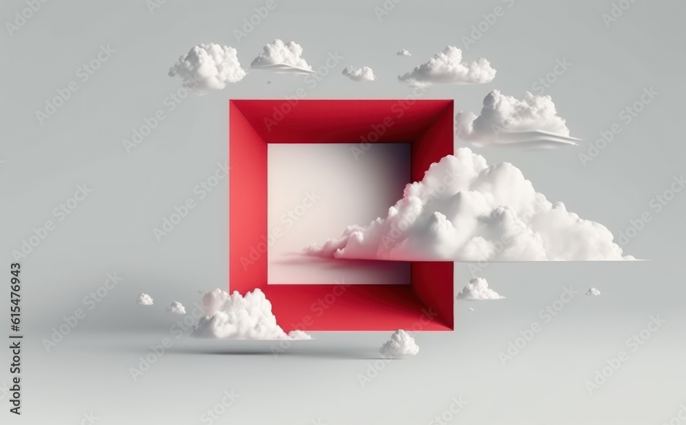 abstract fantasy background. Flying realistic clouds. Red square hole on the white wall. Minimalist 