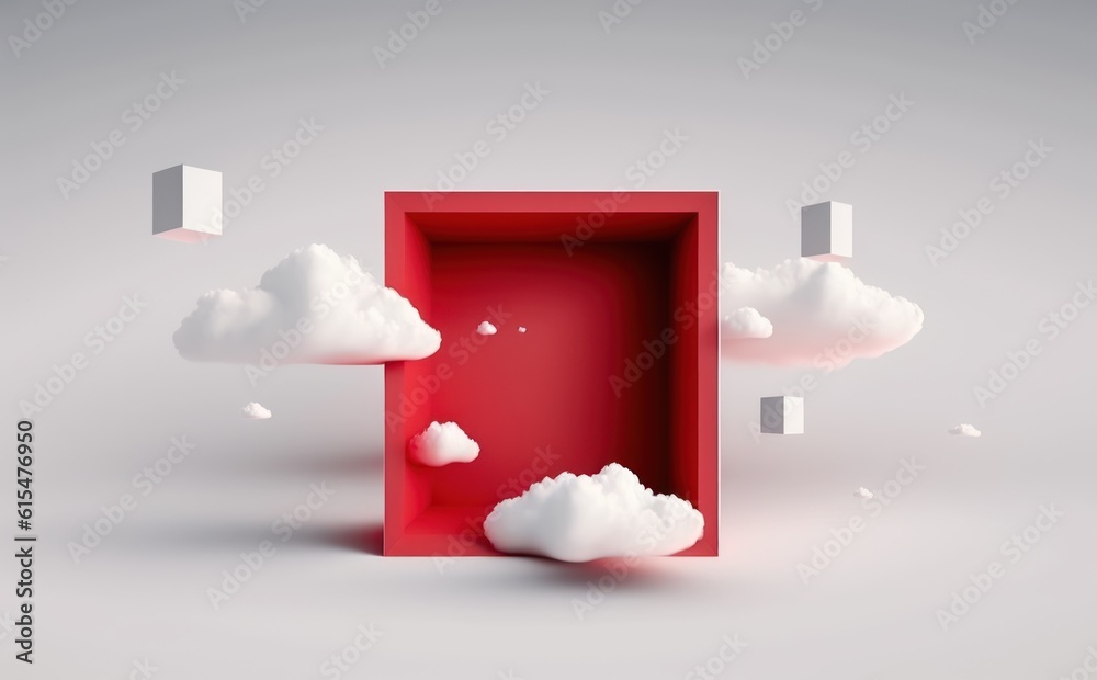 abstract fantasy background. Flying realistic clouds. Red square hole on the white wall. Minimalist 