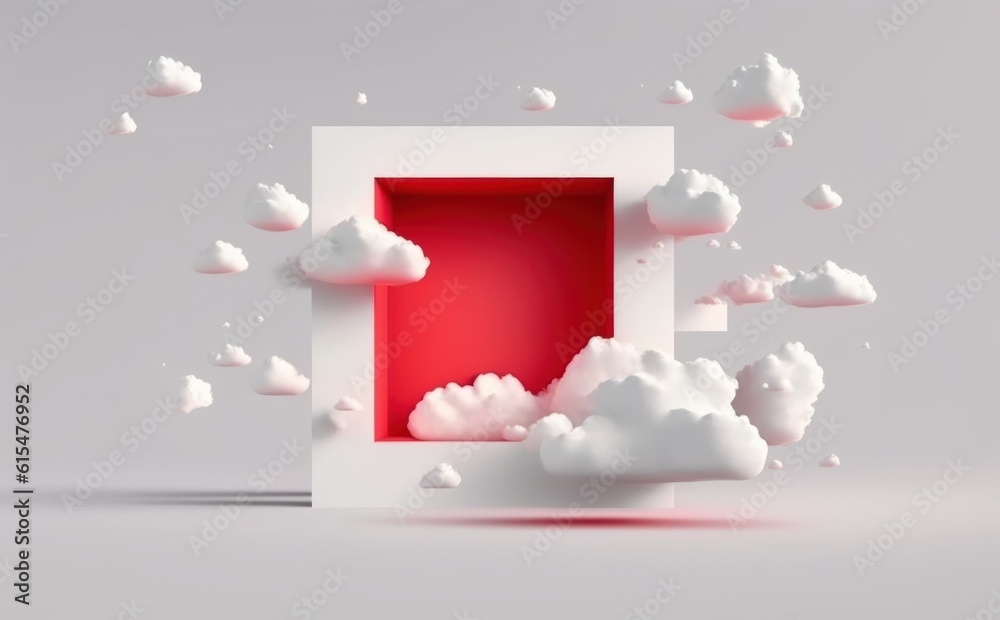 abstract fantasy background. Flying realistic clouds. Red square hole on the white wall. Minimalist 