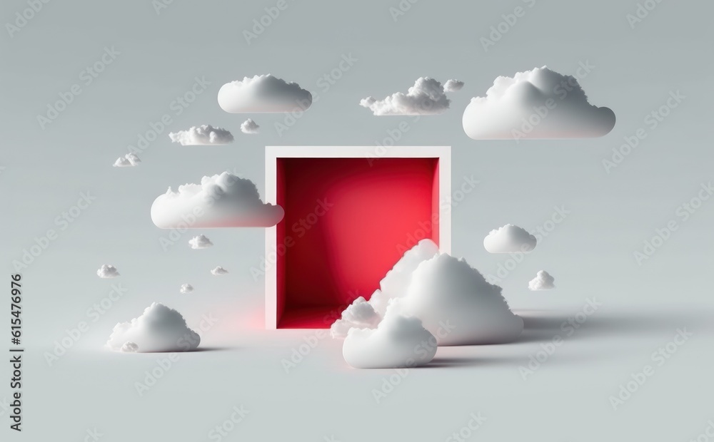 abstract fantasy background. Flying realistic clouds. Red square hole on the white wall. Minimalist 