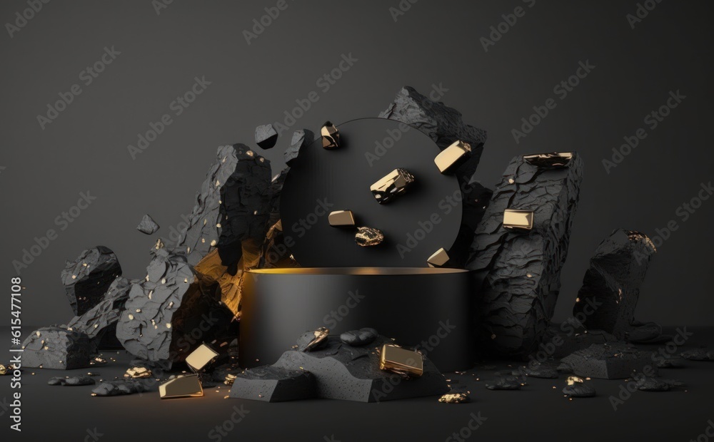 abstract background with black cobblestone ruins, broken rocks and golden nuggets. Modern minimal sh