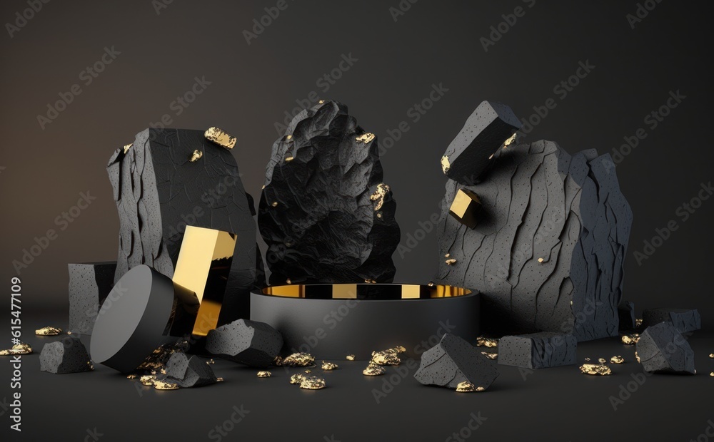 abstract background with black cobblestone ruins, broken rocks and golden nuggets. Modern minimal sh