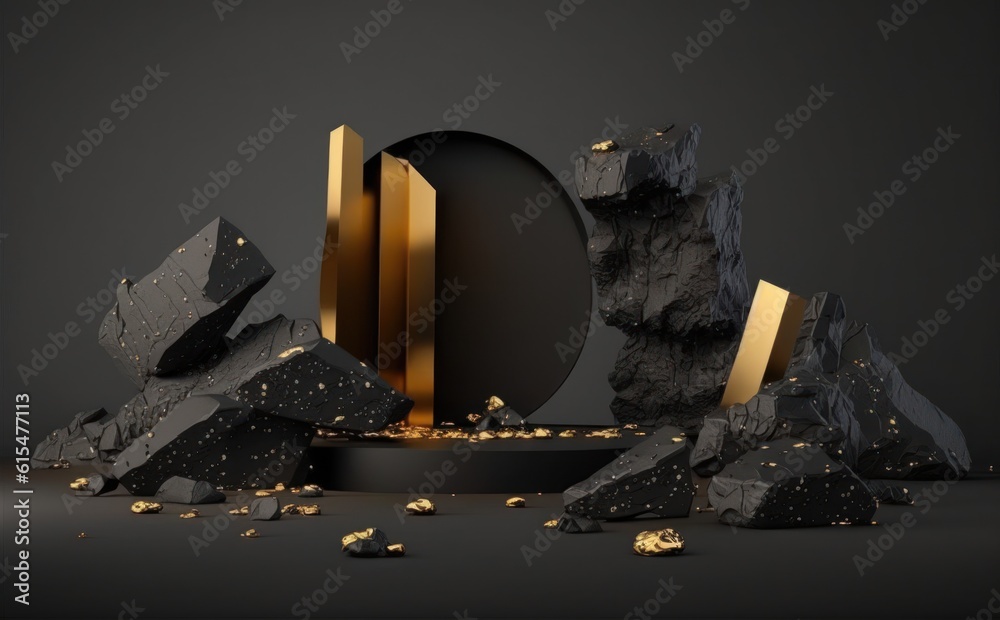 abstract background with black cobblestone ruins, broken rocks and golden nuggets. Modern minimal sh