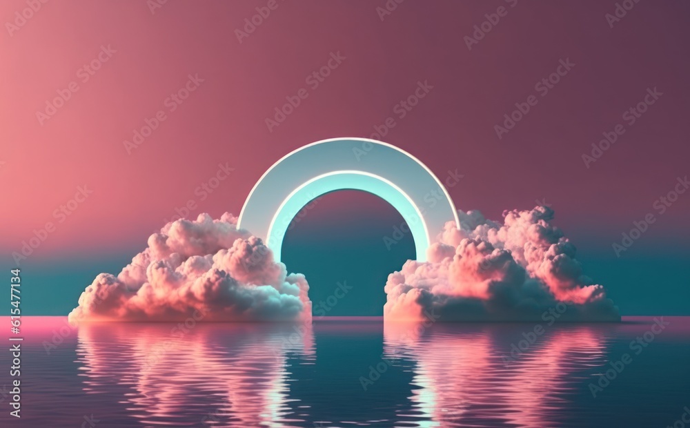 abstract background with pink cloud levitating inside bright glowing neon arch, with reflection in t