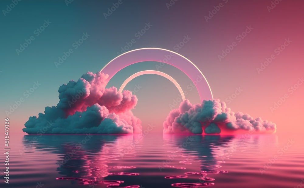 abstract background with pink cloud levitating inside bright glowing neon arch, with reflection in t