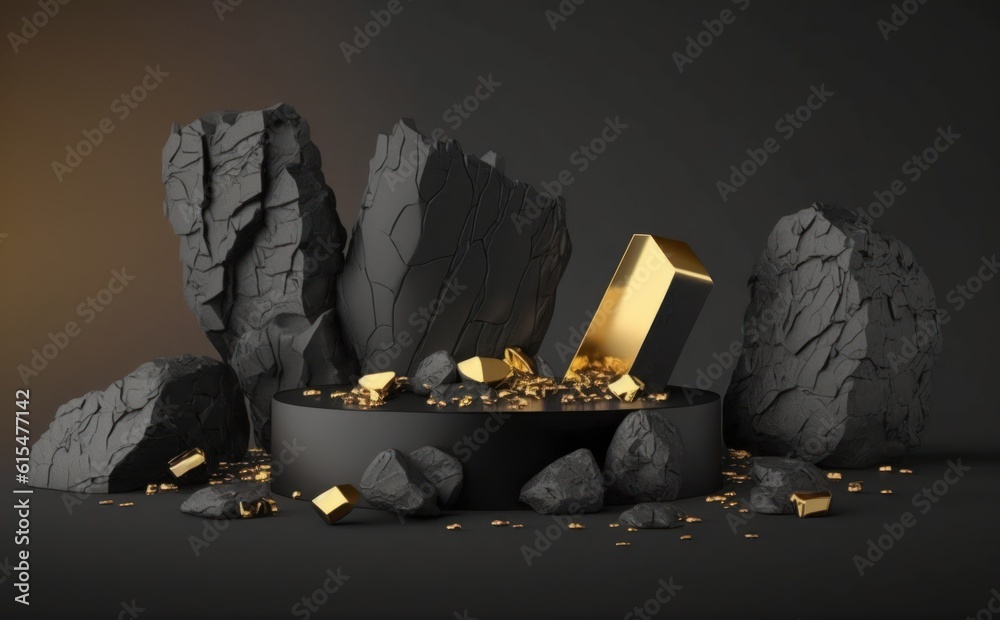 abstract background with black cobblestone ruins, broken rocks and golden nuggets. Modern minimal sh