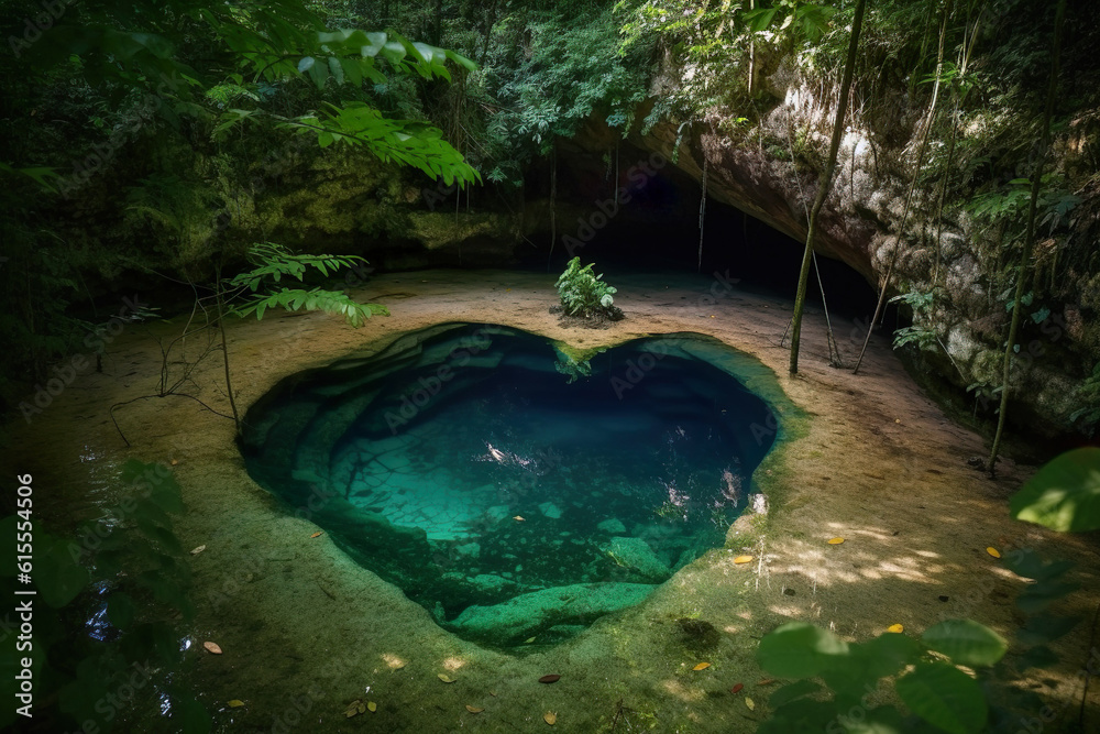 heart shaped blue hole, Heart of Serenity: A Captivating Birds Eye View Photograph of a Heart-Shape