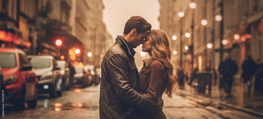 Young adult couple in romantic way in the city. Image generative AI.