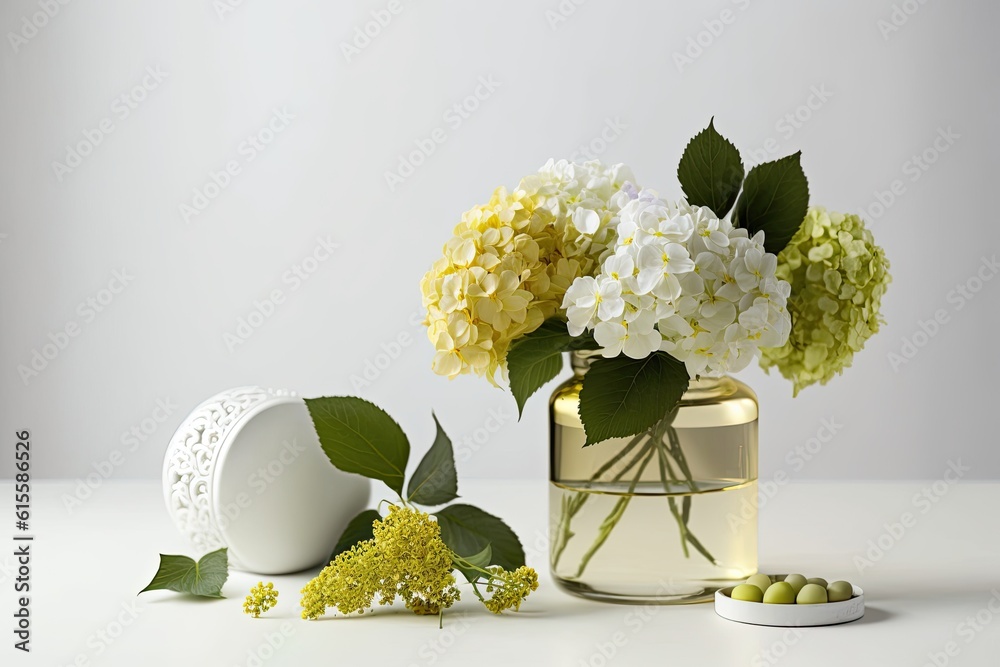 vase filled with white and yellow flowers on a wooden table. Generative AI