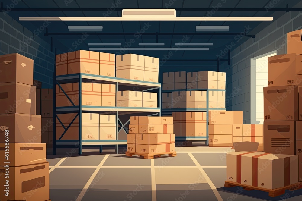 busy warehouse with many boxes and pallets. Generative AI