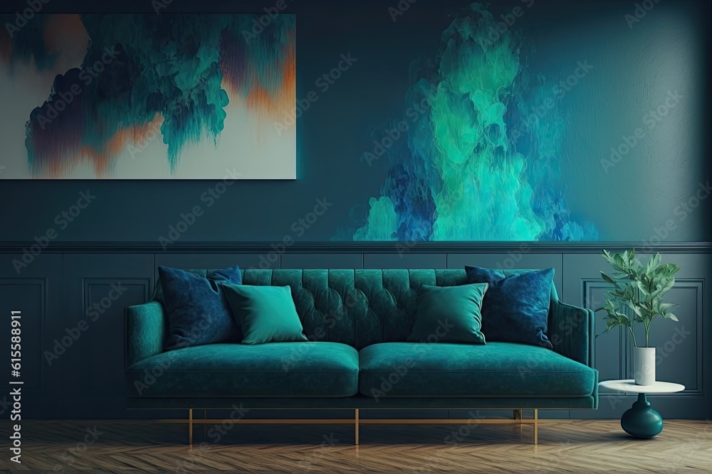 cozy living room with a comfortable sofa and a colorful painting hanging on the wall. Generative AI